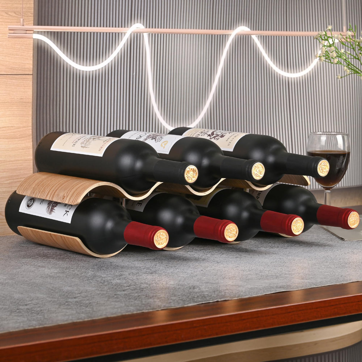 TRUDING Countertop Wine Rack - 7 Bottle Freestanding Wine Bottle Holder Stand - 2 Tier Wooden Wine Storage Rack - Wavy Wine Organizer for Cabinet Pantry Home Kitchen Bar TRUDING