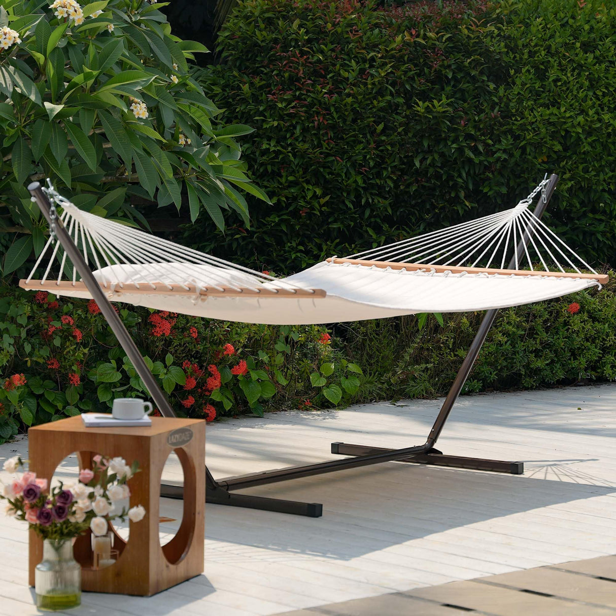 Lazy Daze Hammocks Quilted Fabric Hammock with 12 Feet Stand, 2 People Double Hammock with Stand for Outdoor Indoor Patio Garden Backyard, 450 lbs Capacity, Beige Lazy Daze Hammocks