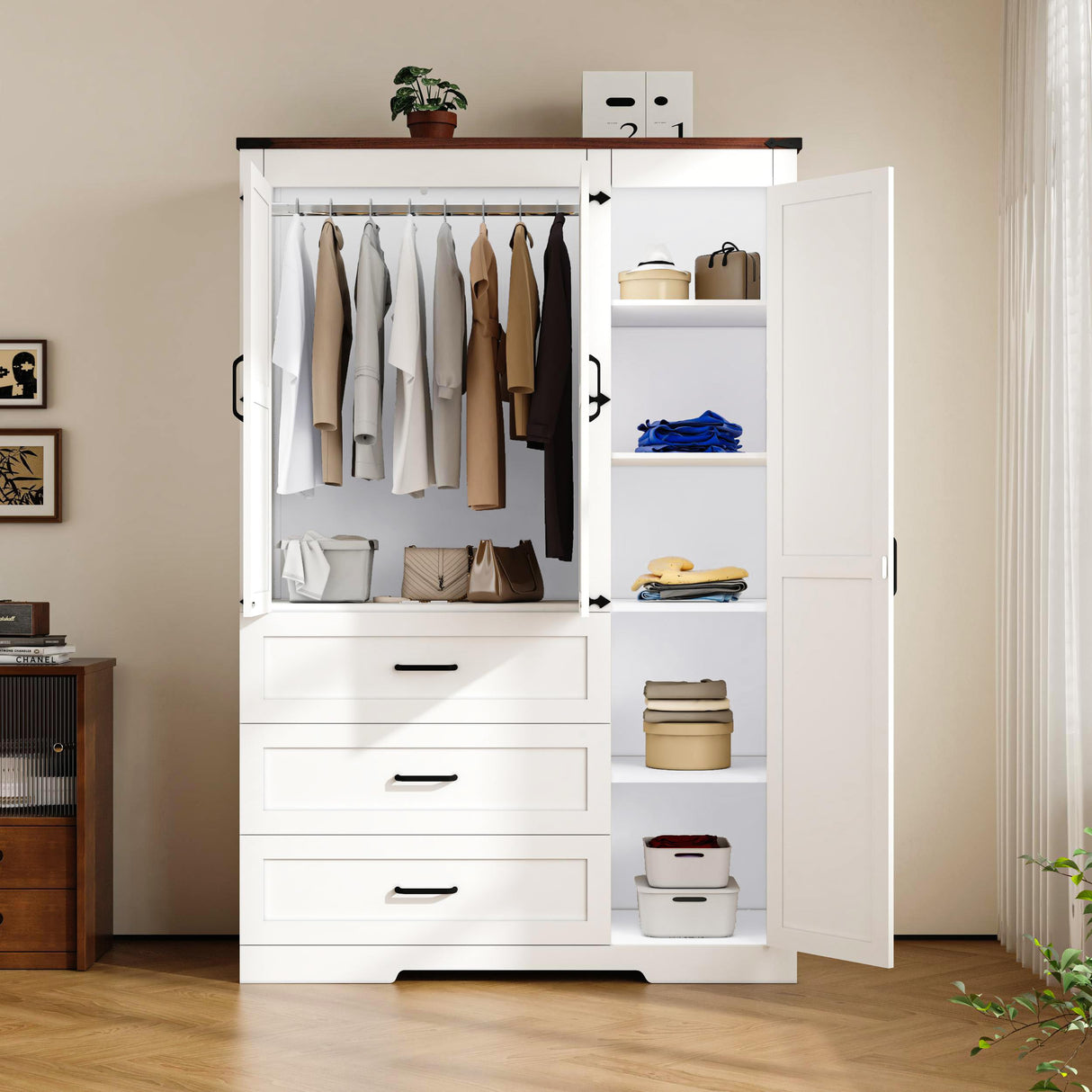 3 Door Armoire Wardrobe Closet Cabinet with 3 Drawers and Drawers, Farmhouse Bedroom Armoire with Hanging Rod and Adjustable Shelves, Large Capacity Storage Wardrobe Armoire for Bedroom, White DalyLuxa