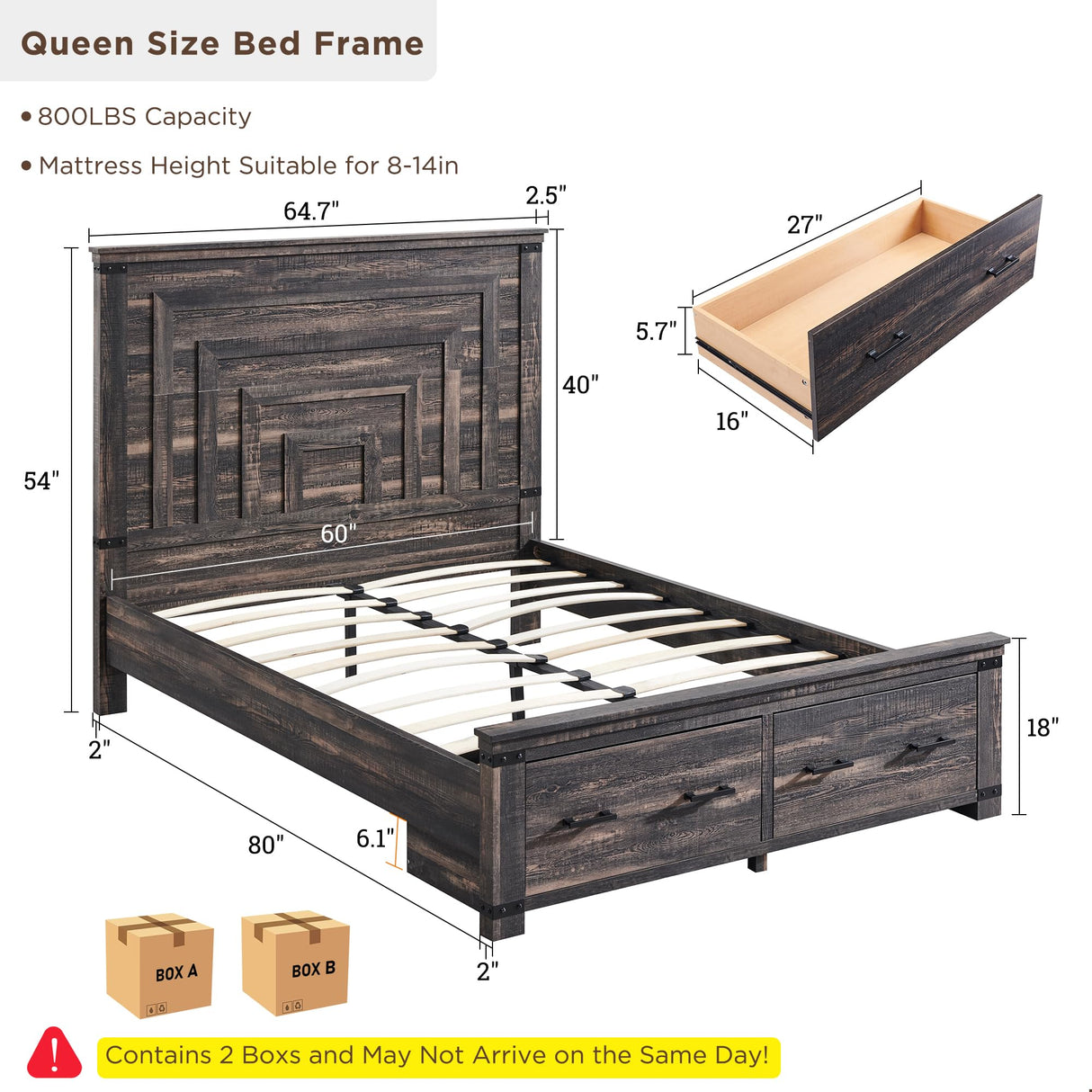 RedLemon Farmhouse Queen Size Wood Bed Frame with 54" Tall Geometric Headboard, 2 Large Storage Drawers, Solid Wood Slats Support, Noise Free, No Box Spring Needed, Dark Rustic Oak RedLemon