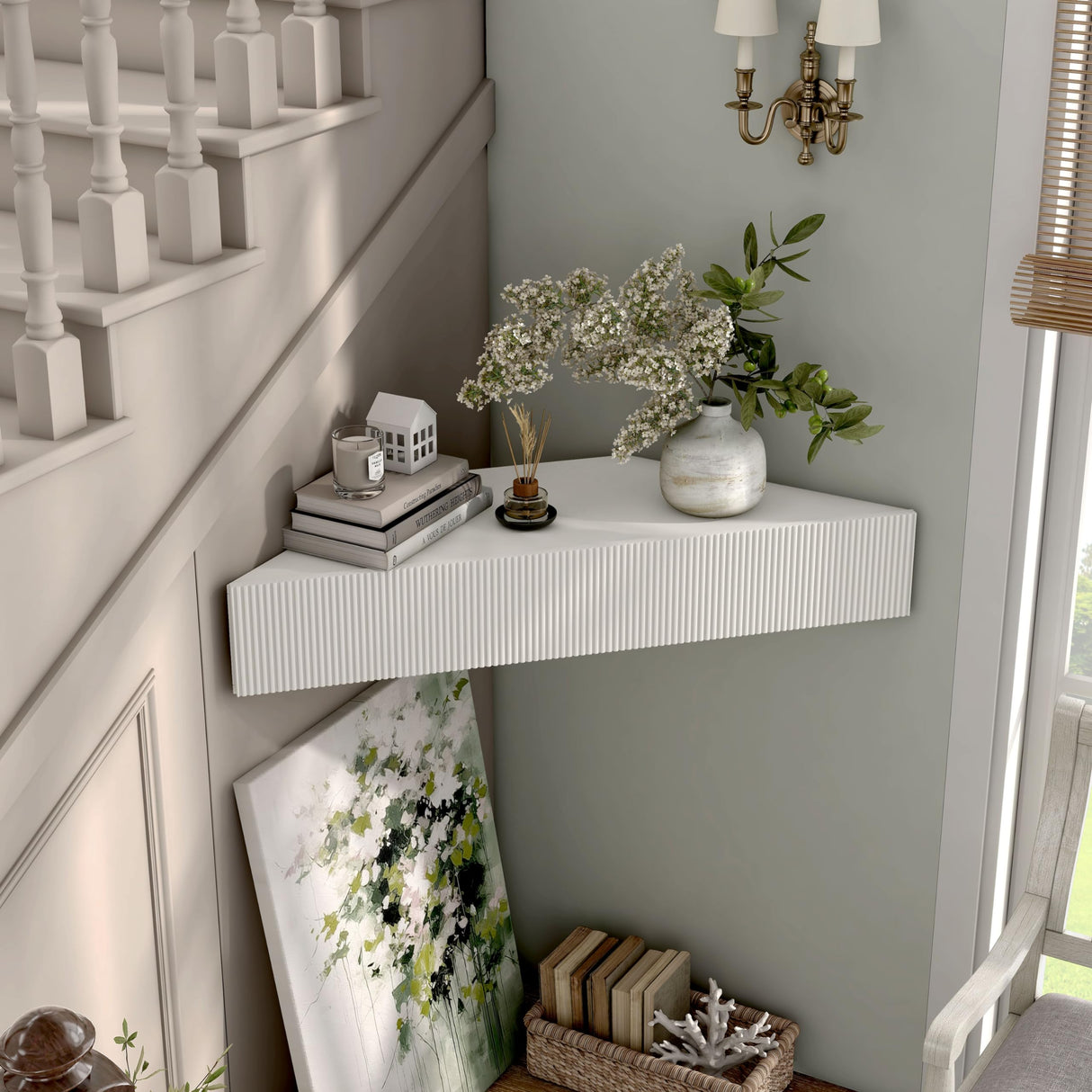 24/7 Shop at Home French 47 inch Modern Floating TV Console Table with 3D Wavy Panel Door, Wood Entertainment Center with Storage Space, Wall Corner Shelf for Living Room, Bedroom, Office, White Pure 24/7 Shop at Home