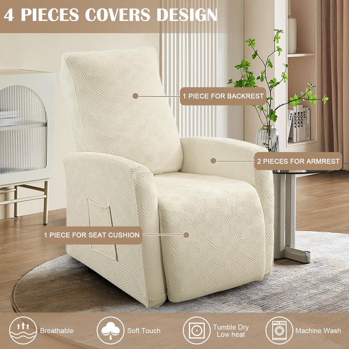 SearchI Recliner Chair Cover Jacquard Chair Covers 4 Piece, Small Recliner Sofa Slipcover for Home Theater Seating with Elastic Bottom, Recliner Protector with Pocket for Recliners, Beige SearchI