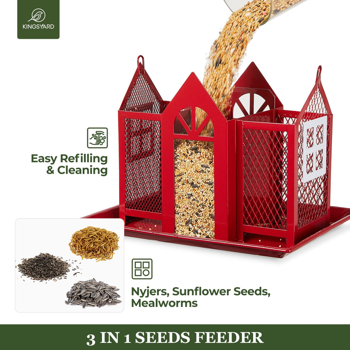 Kingsyard Bird Feeder House for Outside, Metal Mesh Wild Bird Feeder with Triple Feeders for Finch Cardinal Chickadee, Large Capacity, Weatherproof and Durable, Red Kingsyard