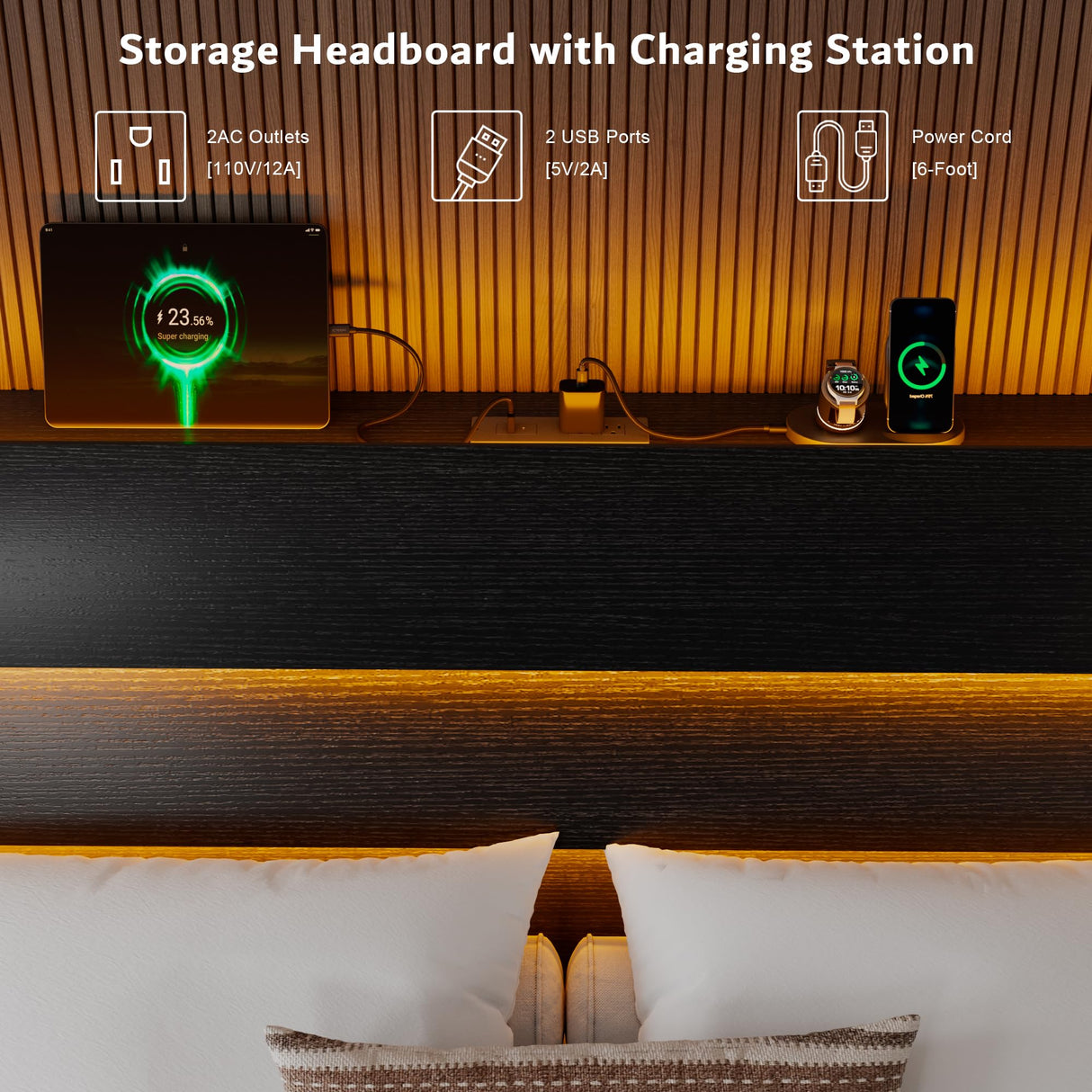 iPormis Floating Full Size Bed Frame with LED Lights & Charging Station, Platform Bed with Wooden Storage Headboard, Steel Slats Support, No Box Spring Needed, Easy Assembly, Noise-Free, Black iPormis