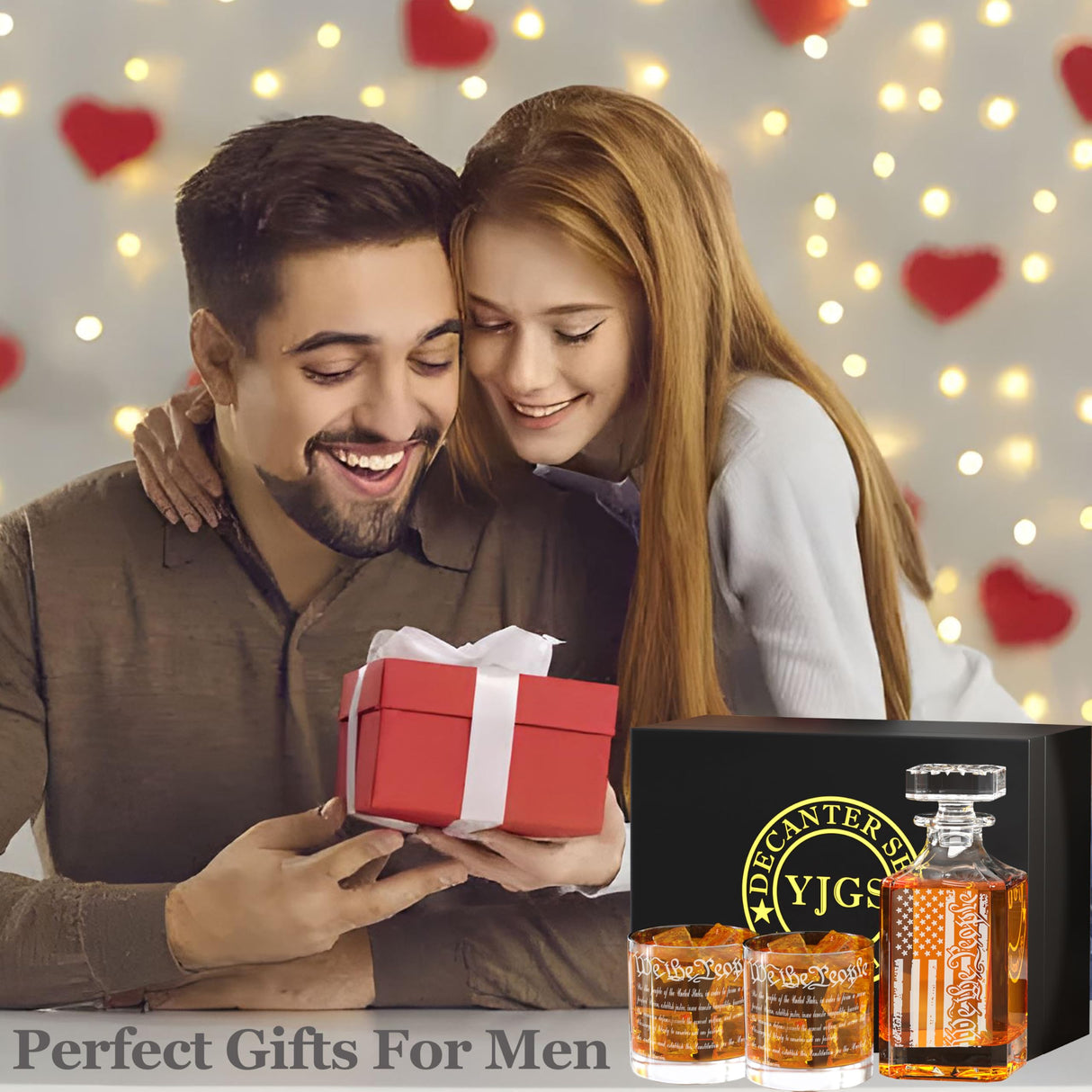 Whiskey Decanter Set for Men, We The People Decanter Set with Glasses, Engraved American Flag Decanter for Liquor Bourbon Gifts for Men Unique Birthday Father's Day Gifts for Men Dad YJGS