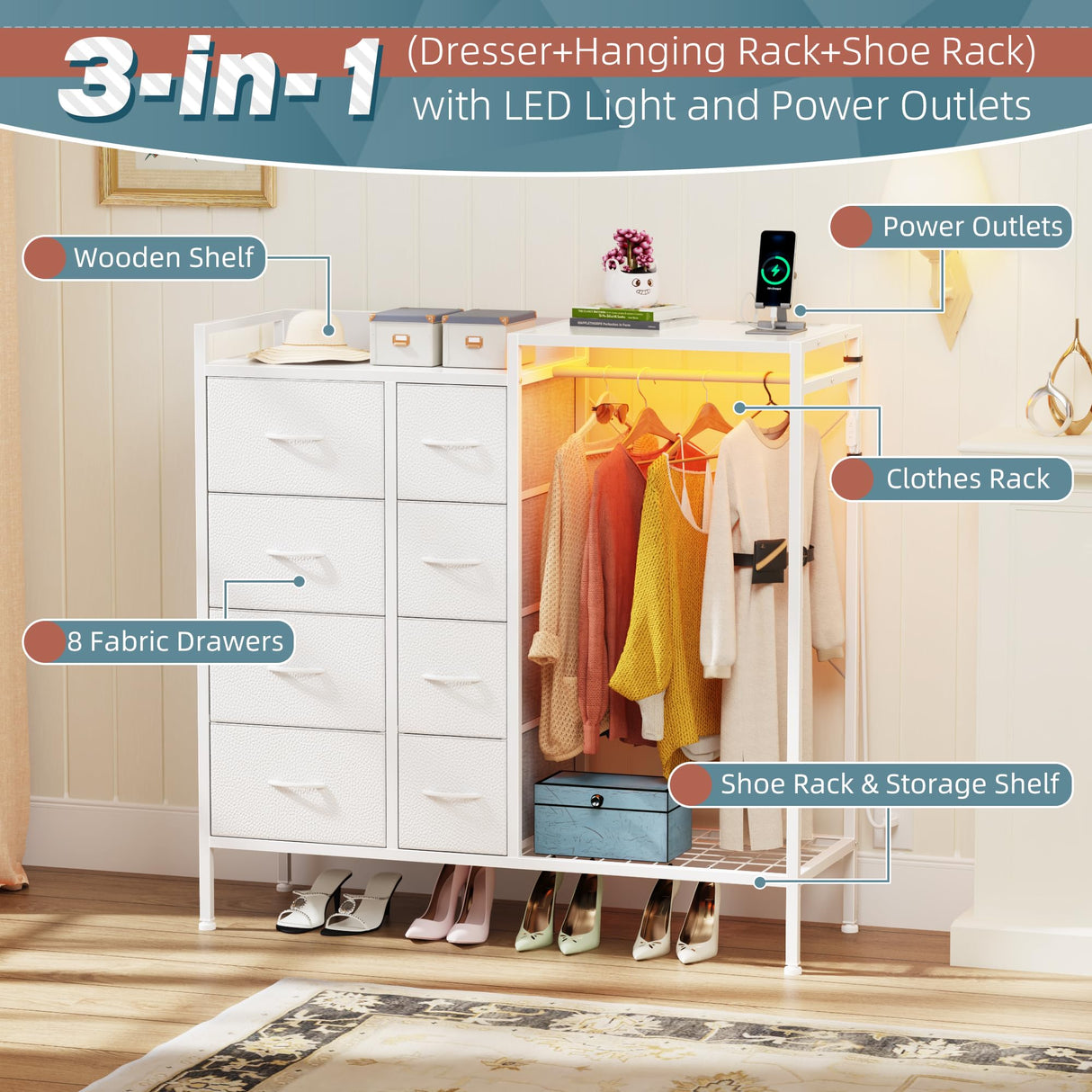 HIGDBFE 8-Drawer Dresser with Hanging Rack, Fabric Dresser with Charging Station & LED Lights, 42" W Dressers with Wooden Top for Clothes Storage, Fabric Chest of Drawers for Bedroom, White HIGDBFE