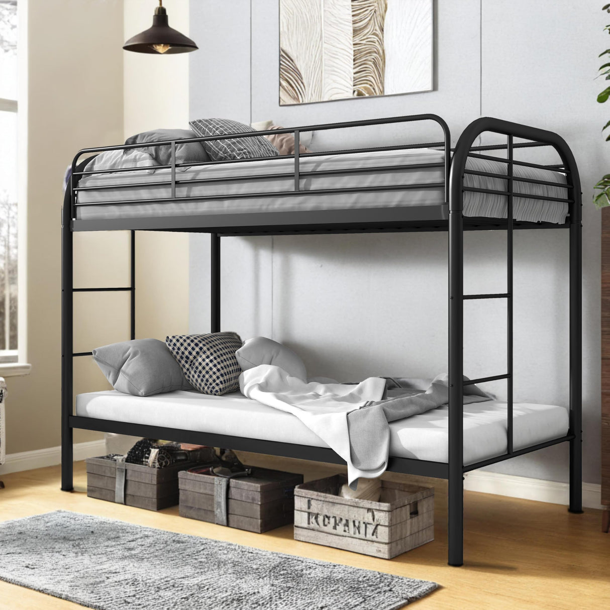 Flolinda Metal Bunk Bed Twin Over Twin, Heavy Duty Bunk Beds with 2 Ladders and 11.8" Full-Length Guardrail, Space-Saving Bunk Bed with Storage, No Box Spring Needed, Easy Assemble, Black Flolinda