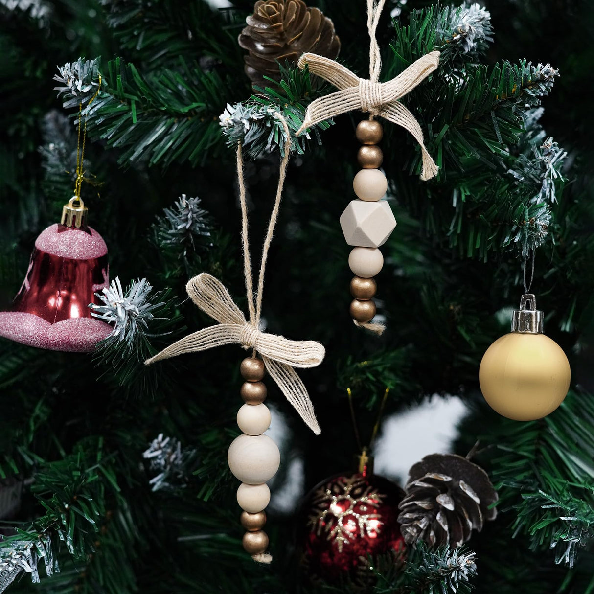 OurWarm 24Pcs Wooden Beads Christmas Tree Ornaments Wood Beads, Boho Christmas Decor Christmas Tree Beads with Gold Beads & Bowknot, Farmhouse Christmas Tree Decorations for Christmas Tree Decor OurWarm