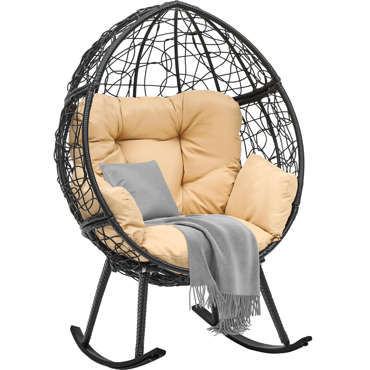 YITAHOME Rocking Egg Chair with Cushioned Comfort, 250lb Capacity, Anti-Slip, All-Weather Resilient Wicker Rattan Design for Indoor & Outdoor Relaxation Spaces, Beige YITAHOME