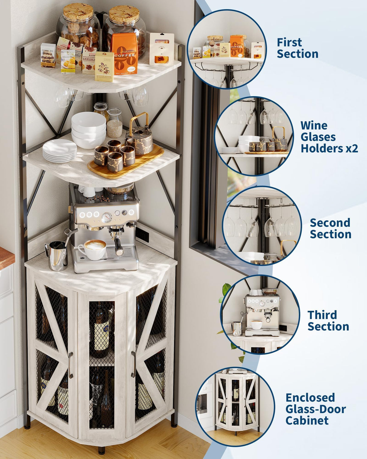 GAOMON 4-Tier Corner Wine Rack, Freestanding Foldable Bar Cabinet, Industrial Metal and Wood Wine Storage Shelf for Small Spaces, Living Room & Kitchen, Grey GAOMON