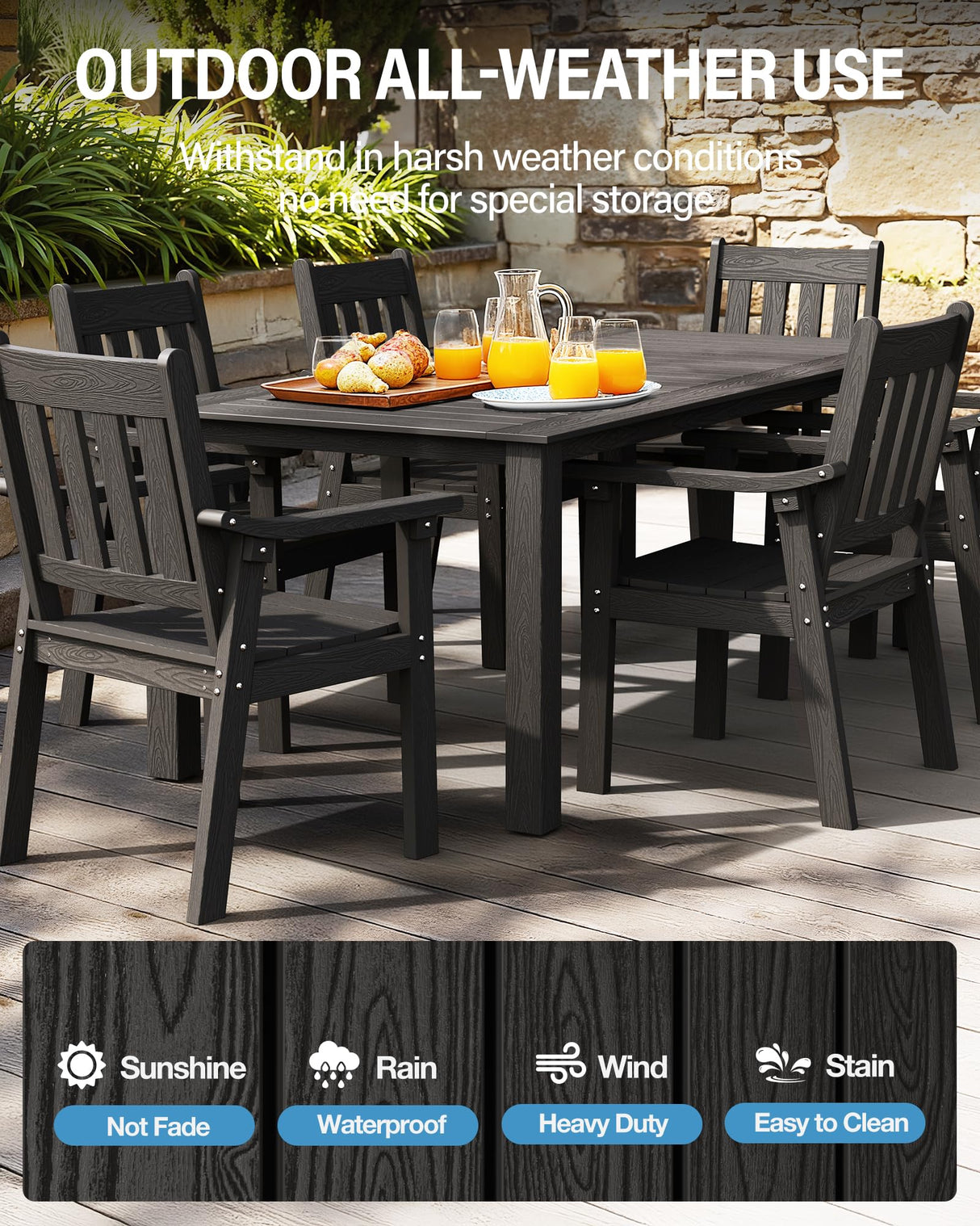 YEFU HIPS Patio Table Set: 7 Piece Outdoor Table and Chairs Dining Furniture Set with Umbrella Hole - Black Modern Plastic Dining Sets 6 Person for Outside Deck with Metal Aluminum Frame YEFU