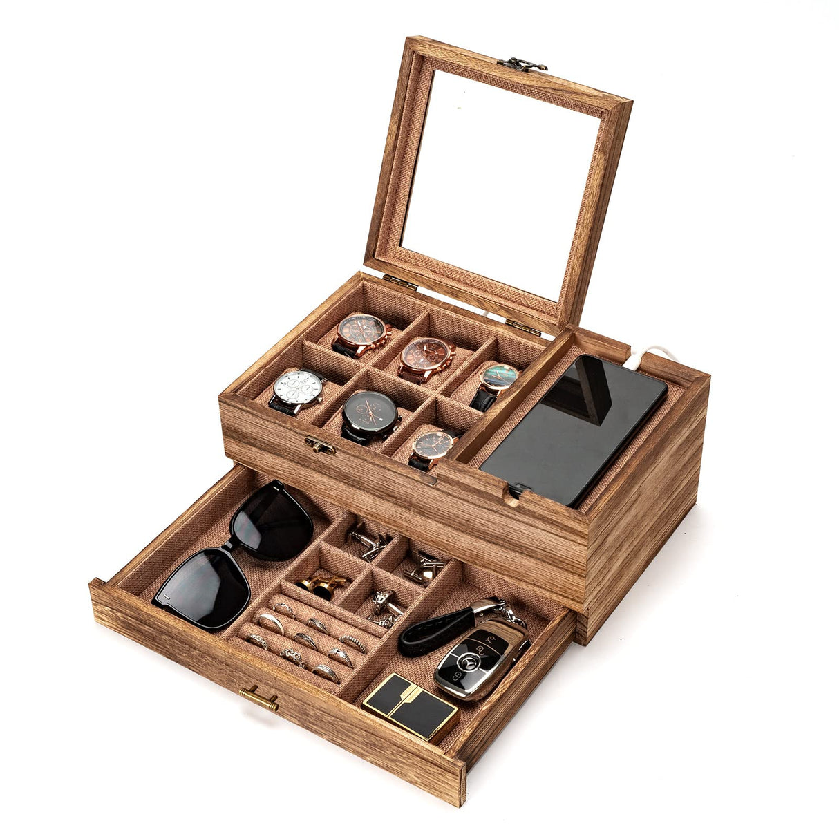 Pinzoveco Watch Box Organizer for Men, 6 Slot Mens Jewelry Box Display & Storage Watch, Solid Wood Watch Case for Men, Gift for Boyfriend Fathers Day Birthday Gifts (Carbonized Brown) Pinzoveco