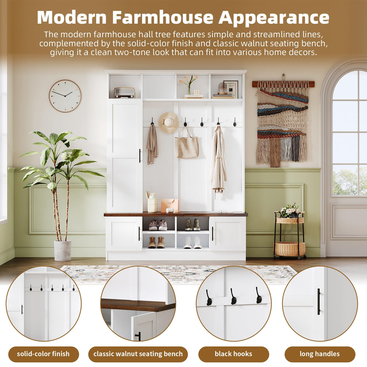 Merax Farmhouse Wood Hall Tree with 6 Hooks and Shoe Bench, Mudroom Versatile Coat Racks with Cabinets and Shelves, Entrance Organizer for Hallway White Merax