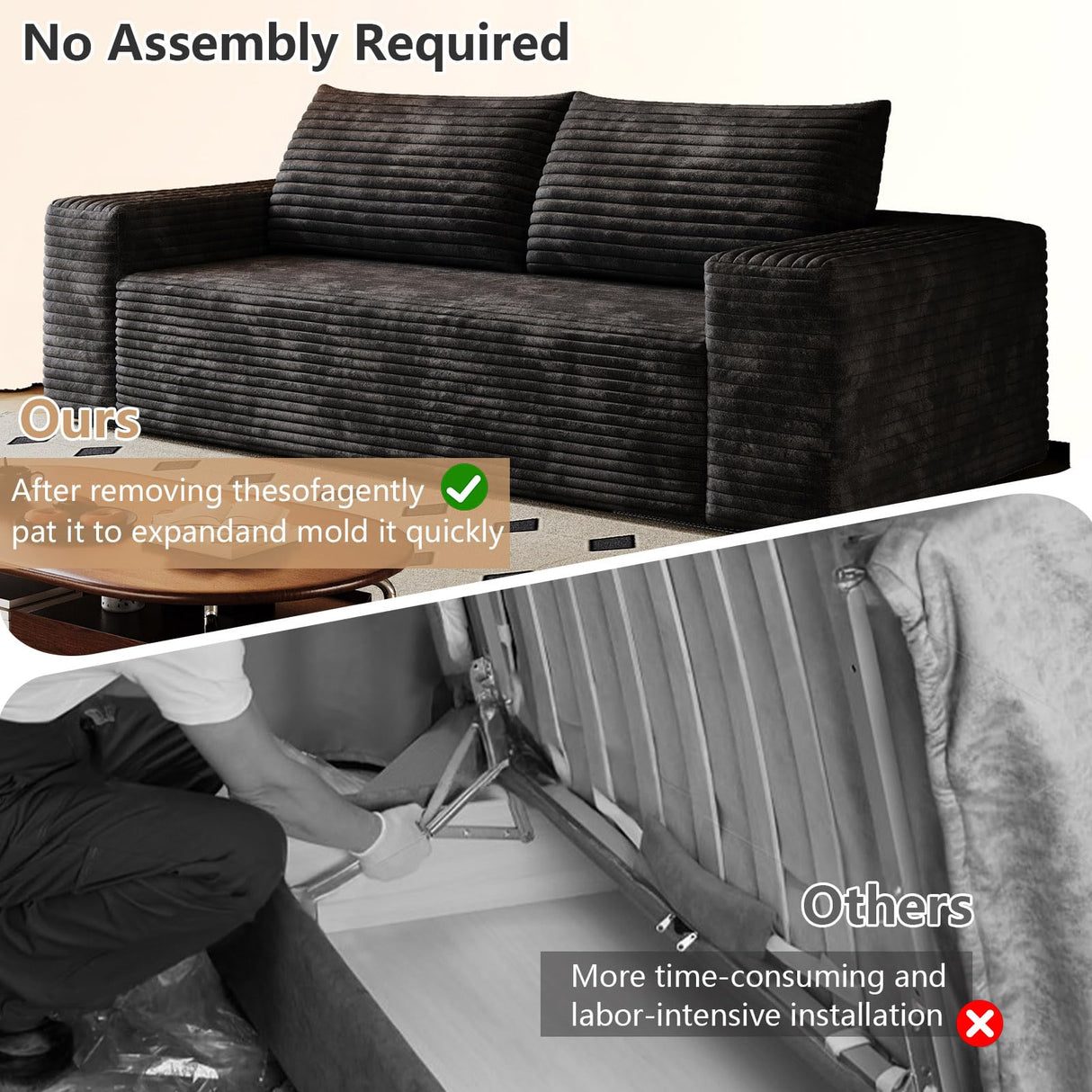 Cloud Loveseat Sofa, Modern Corduroy 2-Seater Couch with Deep Seat, No Assembly Required Memory Foam Sofa, Boneless Sofa in a Box for Bedroom, Apartment, Office,Small Space (Black,63in) atosela