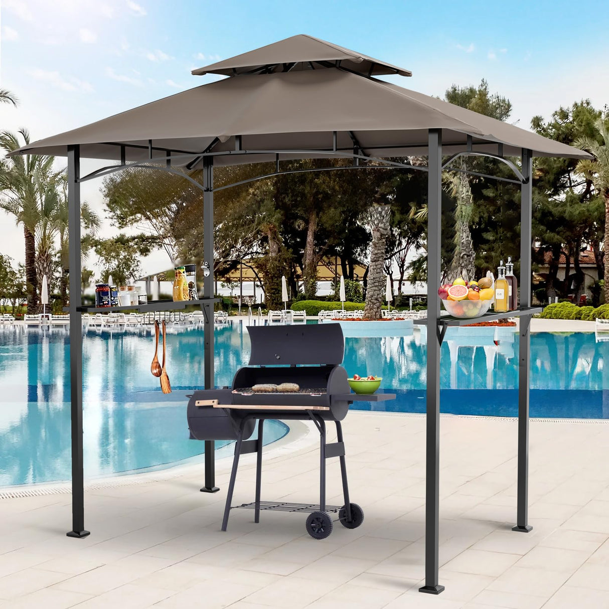 SUNCROWN Outdoor Grill Gazebo 8 x 5, Patio Double Tiered BBQ Canopy w/Air Vent, Gazebo Canopy with 8 Hook Tools for Barbecue Picnic Garden, Backyard, Poolside -Brown SUNCROWN