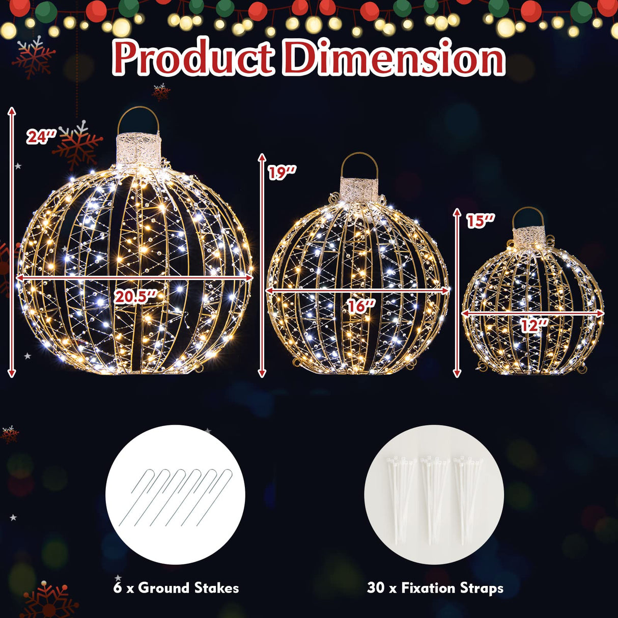 Tangkula Christmas LED Light Balls for Tree (3 Pack), Outside Lighted Sphere with 180 Warm White & 180 White LED Lights, Holiday Lighted Decorations, Christmas LED Light Balls for Indoor Outdoor Decor Tangkula