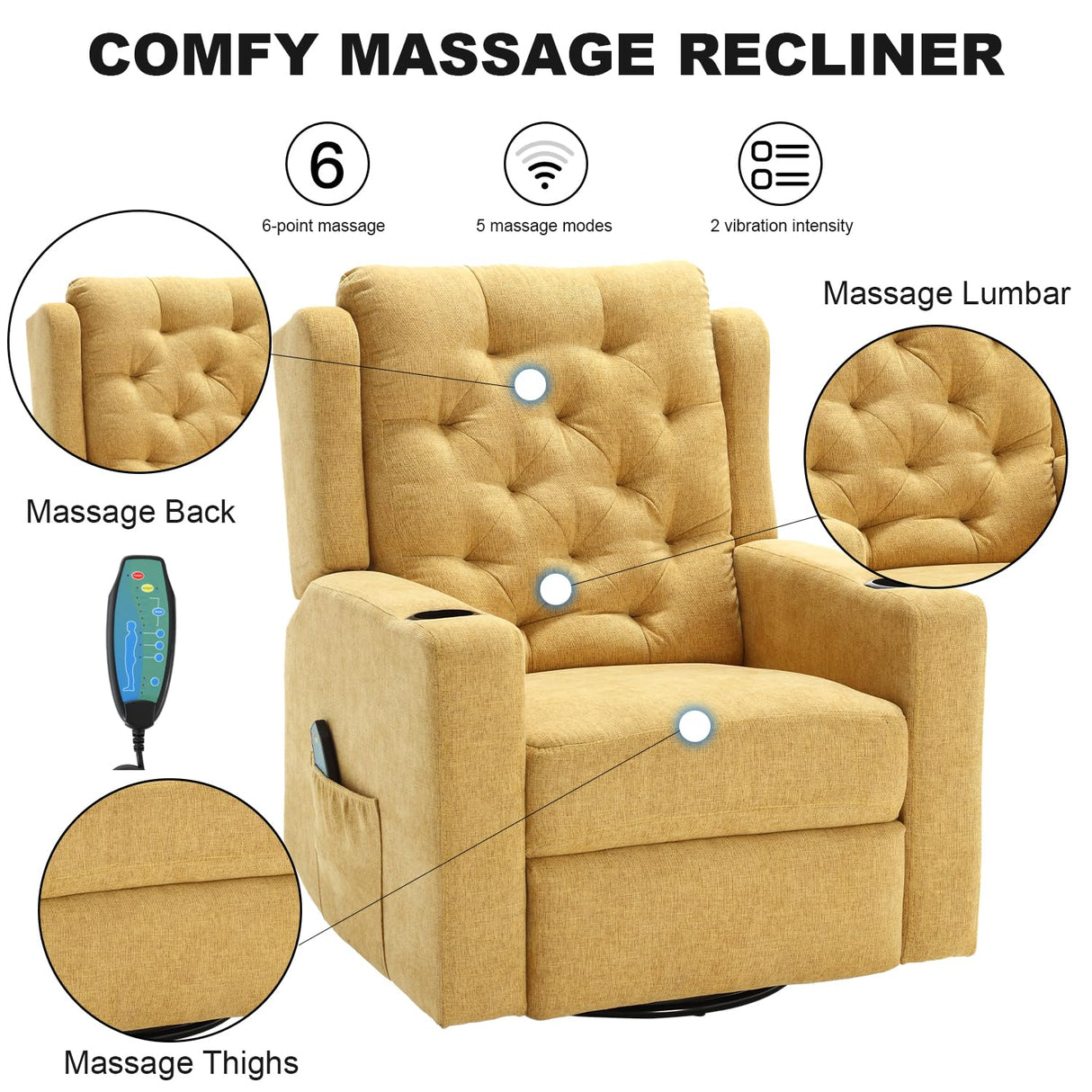 Comermax 330lbs Wide Seat Massage Swivel Rocker Recliners Oversized Yellow Manual Recliner Chairs with Cup Holders for Adults, Comfortable Reclining Rocking Glider Chair Comermax