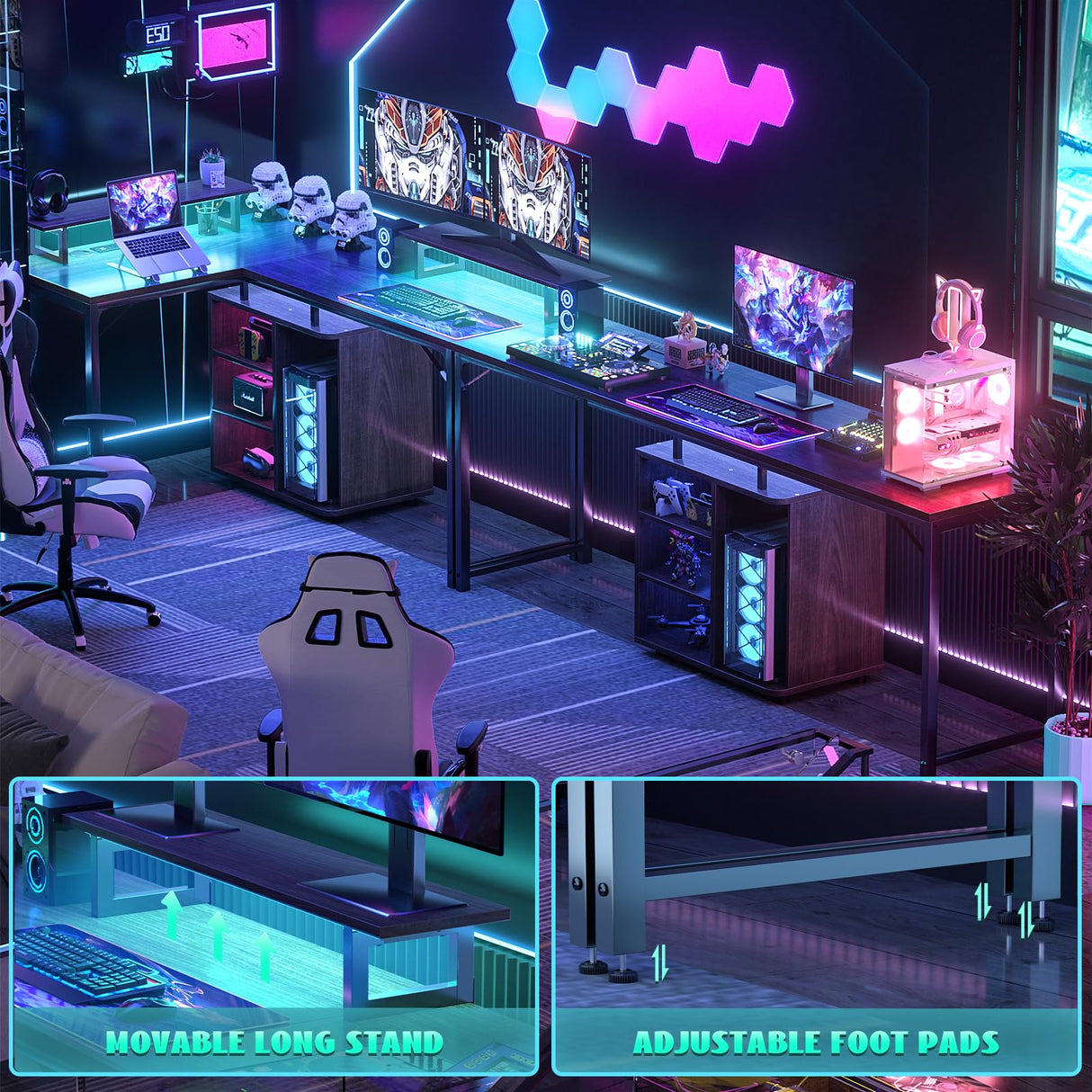 Cyclysio L Shaped Gaming Desk with Wood Cabinet, 58" Large Corner Desk with LED Lights & Power Outlet, Reversible Computer Desk with Monitor Stand, Home Office Desk 2 Person Corner Desk,Rustic Walnut Cyclysio