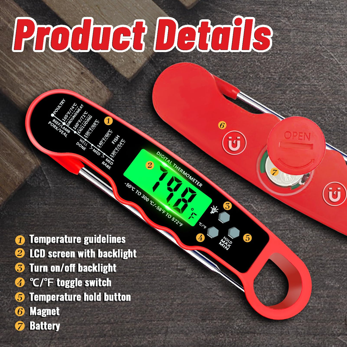 Meat Thermometer Digital, IP67 Waterproof Food Thermometer for Cooking and Baking, Instant Read Meat Thermometer with Backlight, Hold Function & Magnet for Kitchen, Beef, Grill, BBQ, Candy, Turkey PAWPRO