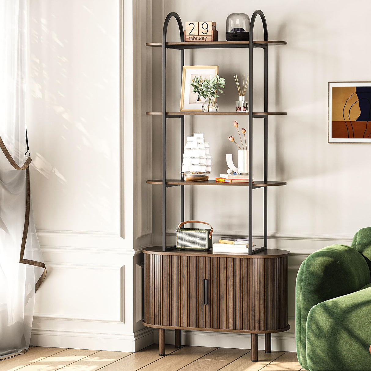 Espelism 71" Tall Mid-Century Display Shelf Bookshelf with Sliding Tambour Doors, 4-Tier Freestanding Vinyl Record Player Stand Fluted Storage Cabinet for Living Room, Bedroom, Home Office Espelism