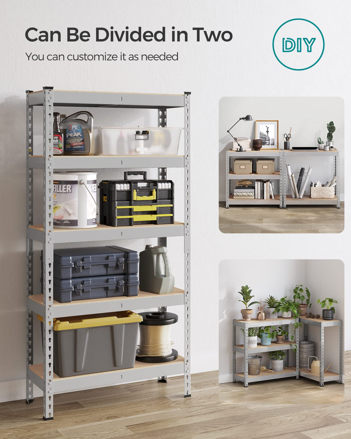 SONGMICS 5-Tier Storage Shelves, Load 2310 lb, Garage Storage, Boltless Assembly, Adjustable Shelving Unit, 11.8 x 29.5 x 59.1 Inches, for Study Shed Basement, Silver and Natural Beige UGLR300E01 SONGMICS