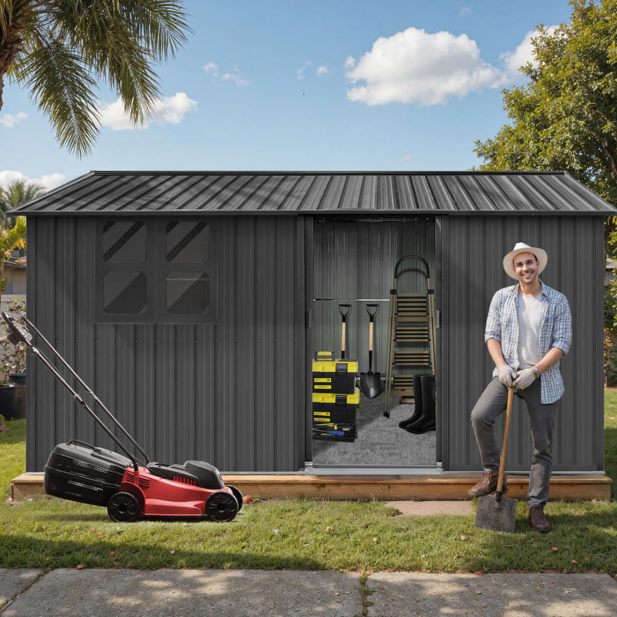 12x10 Ft Storage Shed Outdoor, XL Permanent Steel Building with Window, Sliding Doors and 4 Air Vents for Backyard Garden Patio Lawn - Black LINKHOO
