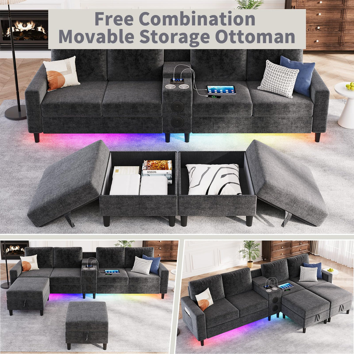 ZSDT Sectional Couches for Living Room, 6 Seat Sectional Sofa Smart Module-Bluetooth Speaker/RGB Light/Charging Station, Chenille U Shaped Couch with 2 Movable Storage Ottomans (Dark Grey) ZSDT