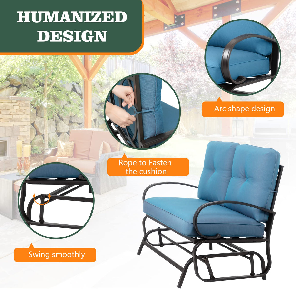 Shintenchi Metal Outdoor Patio Swing Glider Bench, Loveseat Rocking Chair, Wrought Iron Patio Furniture Steel Frame Glider Chair with Cushion for Porch, Balcony, Garden(Blue) Shintenchi