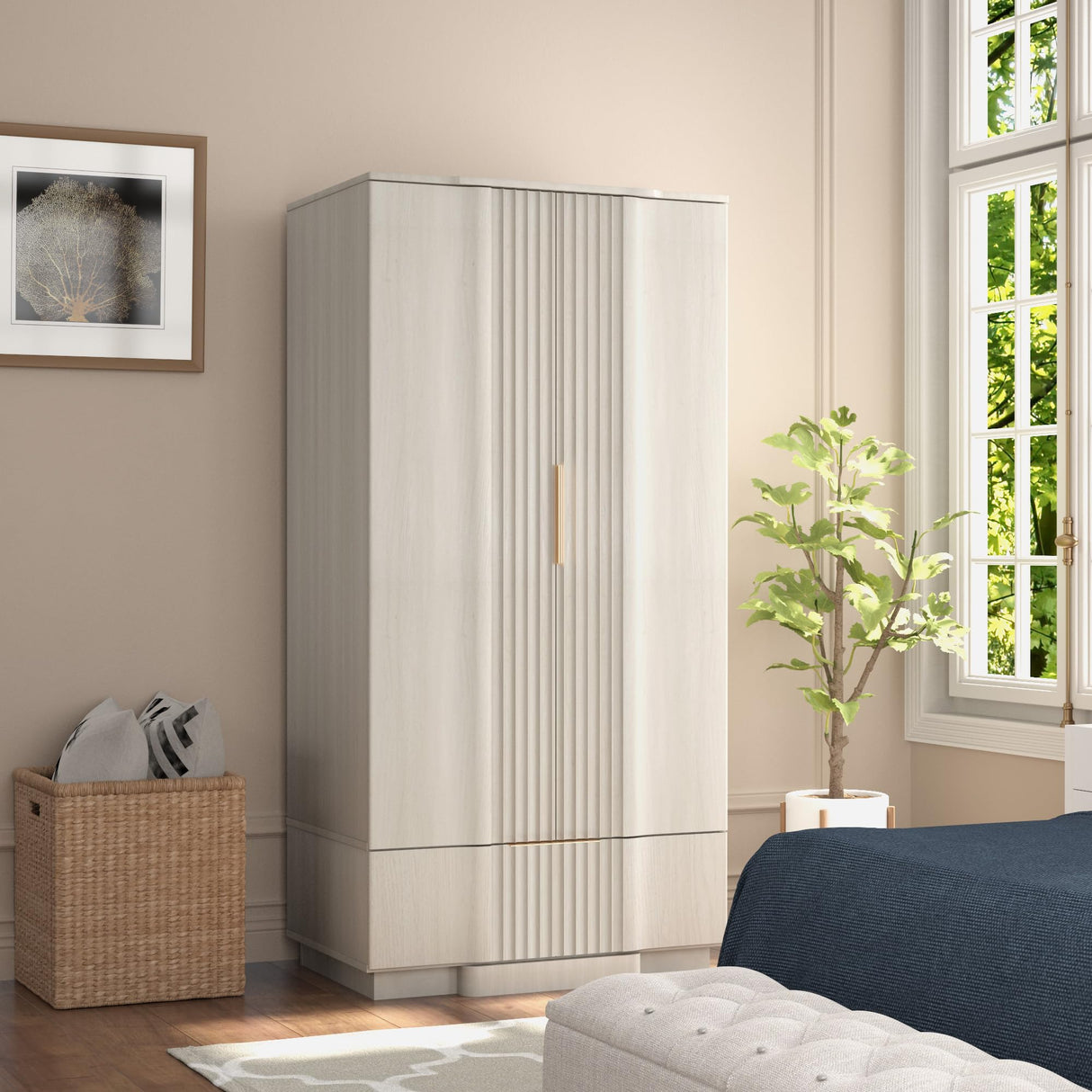 Brafab Armoire Wardrobe Closet, Modern 64.2" Freestanding Closet Wardrobe Cabinet with Drawer and Hanging Rail, Fluted Carved Wooden Storage Cabinet with Shelve for Bedroom, White Brafab