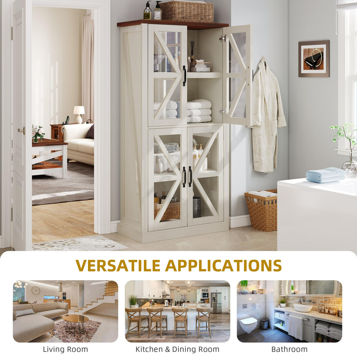 DWVO 66" Kitchen Pantry Storage Cabinet with Glass Doors, 4-Tier Large Wood Storage Cabinet, Tall Freestanding Hutch for Living Room,Dinning Room and Kitchen, White DWVO