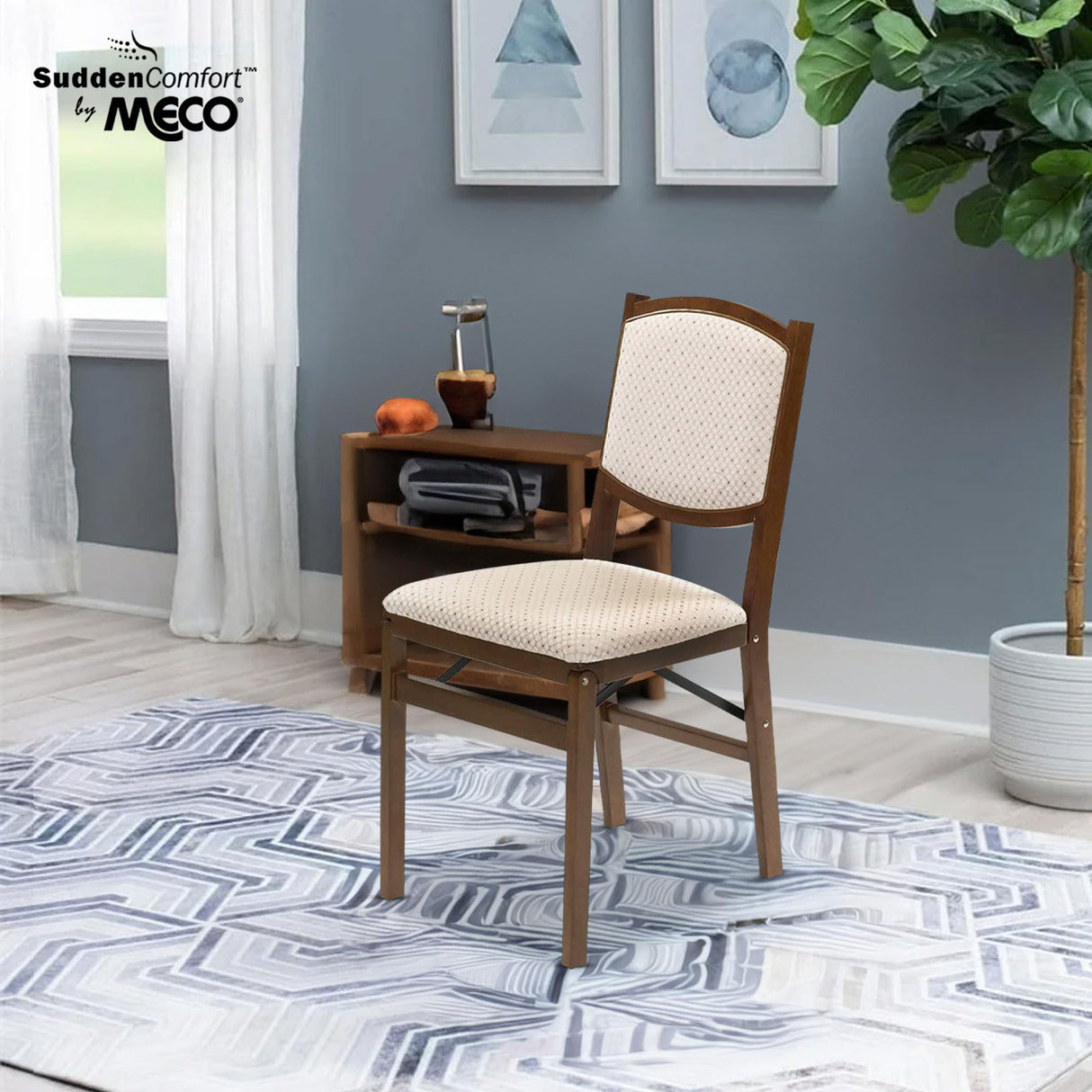 MECO Stakmore Contemporary Premium Solid Wood Dining Compact Folding Chair Set with Fabric Padded Upholstered Seat, Fruitwood, Set of 4 MECO