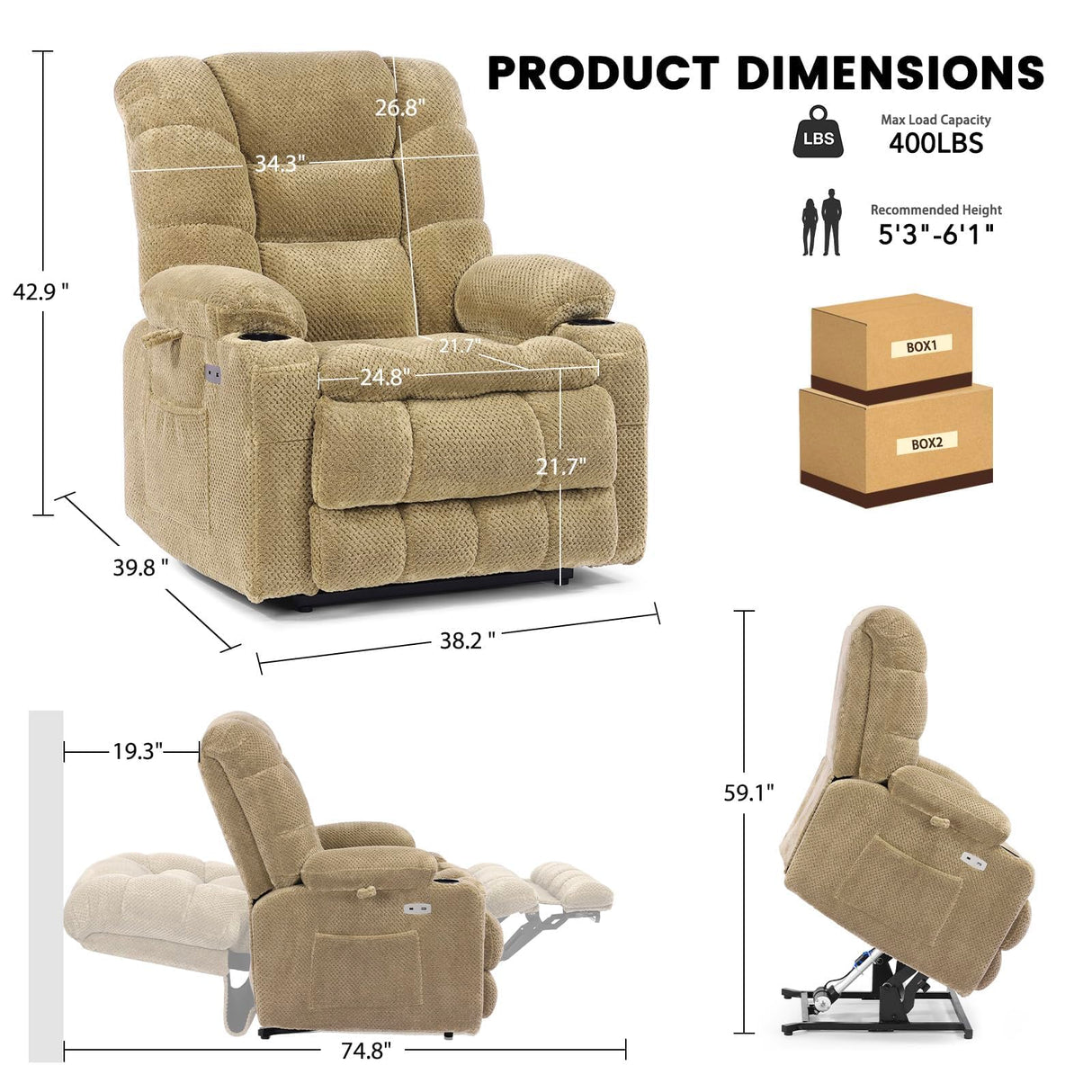 EONIX Wide Power Lift Recliner Chair for Elderly, 400lbs Heavy Duty Oversized Lift Chair with Heat and Massage, Lay Flat Power Lift Recliner with Cup Holders and Charging Ports, Beige EONIX