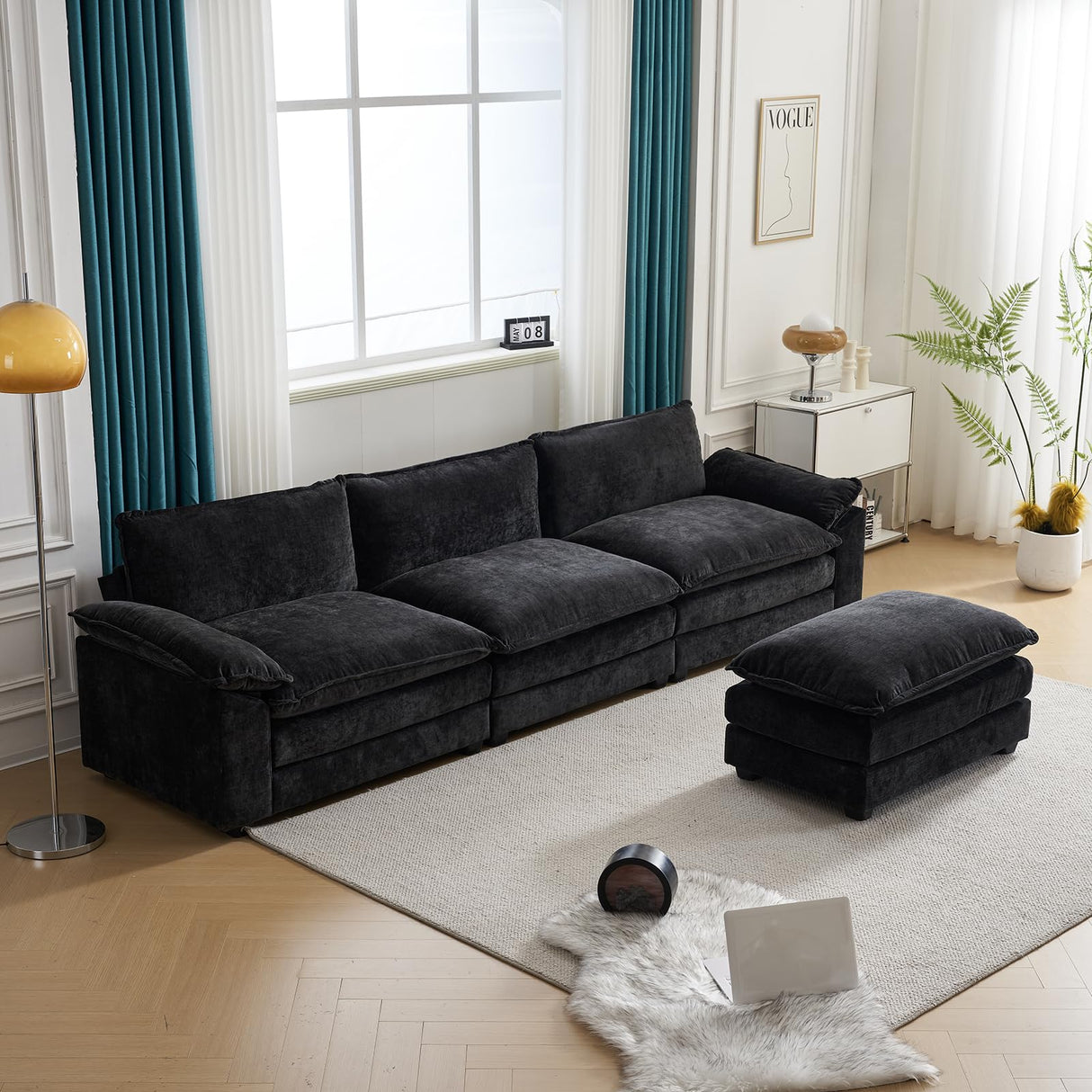 Karl home Sectional Sofa Modular Deep Seat Sofa Couch with Ottoman, Chenille Sofa Sleeper Comfy Upholstered Furniture for Living Room, Apartment, Studio, Office, (3-Seat & 1-Ottoman, Black) Karl home
