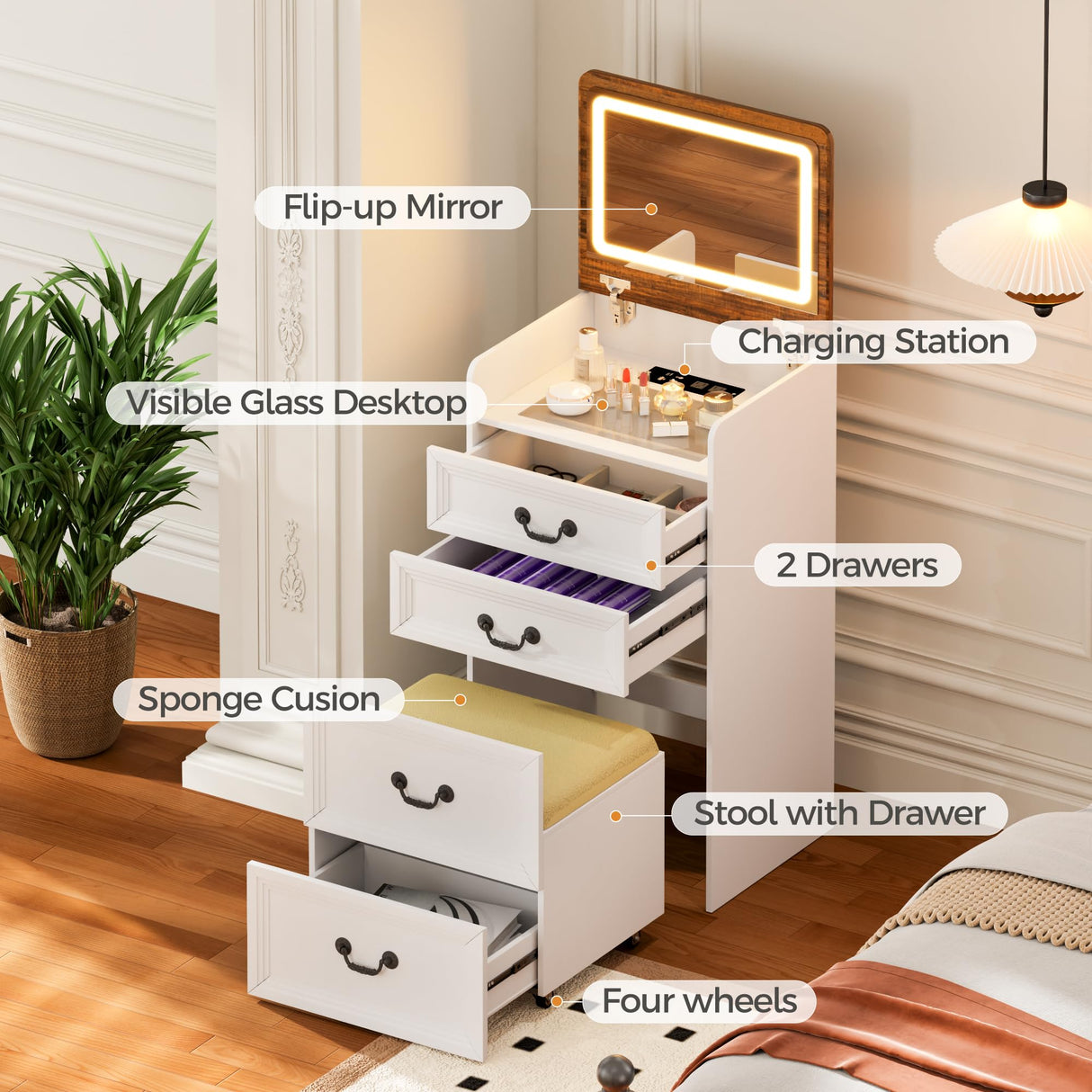 ChicFurnit Makeup Vanity,3-in-1 Vanity Desk with Flip-Top Mirror,Hidden Stool & Visible Glass Desktop,Convertible Vanity Set with USB Charging Station,Open Shelf & 3-Color Lighting,White&Brown ChicFurnit