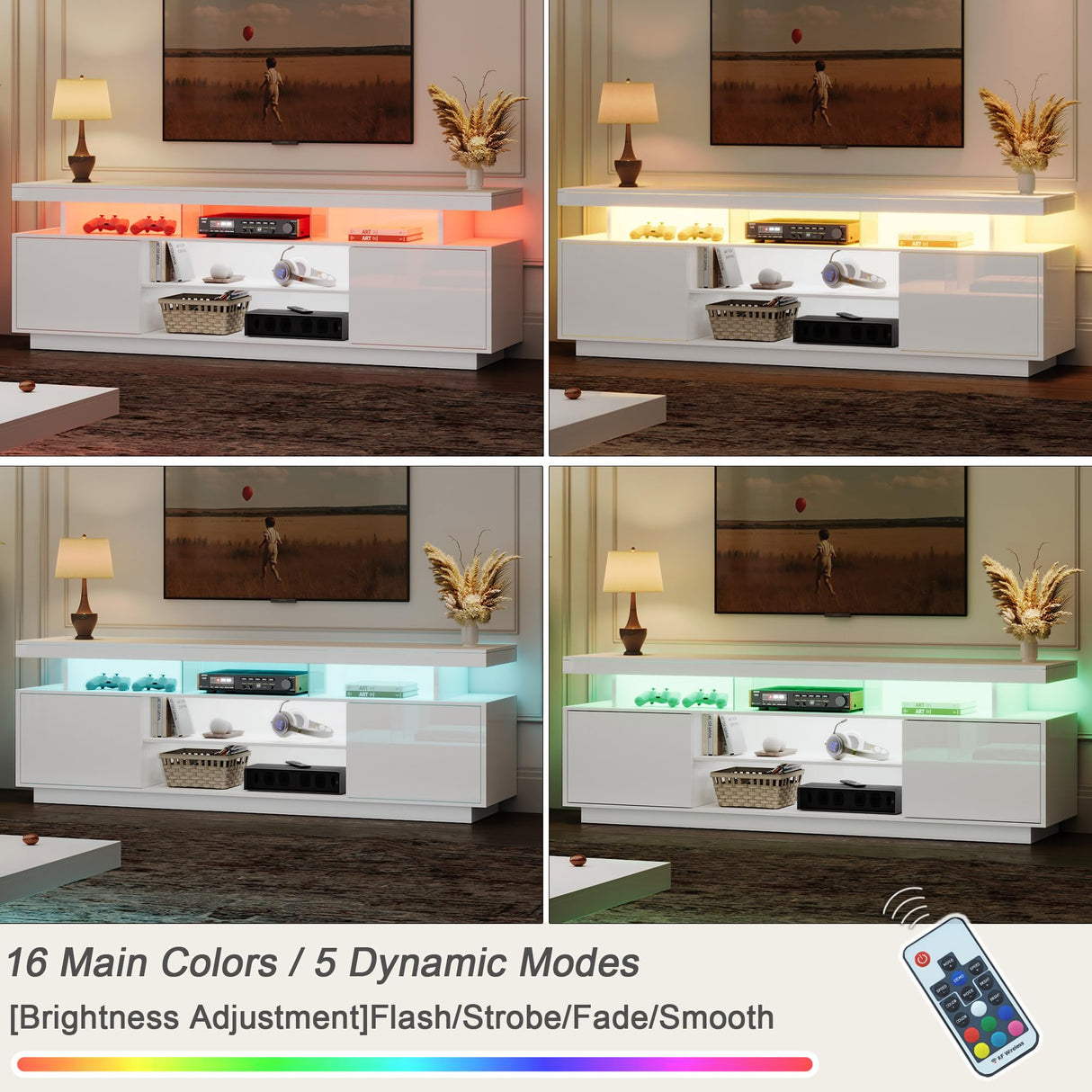 ChooChoo Modern LED TV Stand for 50/55/60/65 Inch TV, High Glossy Entertainment Center with 2 Storage Cabinets, Media Console with 5 Open Shelves for Living Room, Bedroom, White ChooChoo