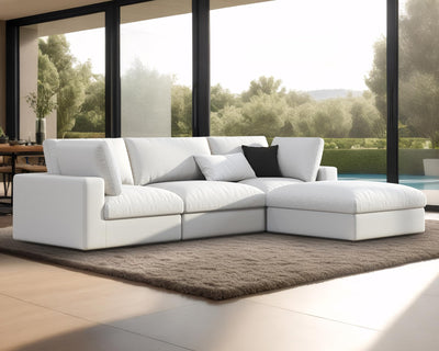 PaPaJet 114" Modular Cloud Couch, Oversized Down-Filled Sectional Sofa with Chaise and Ottoman, 4-Seater L-Shaped Sofa in White Linen for Living Room