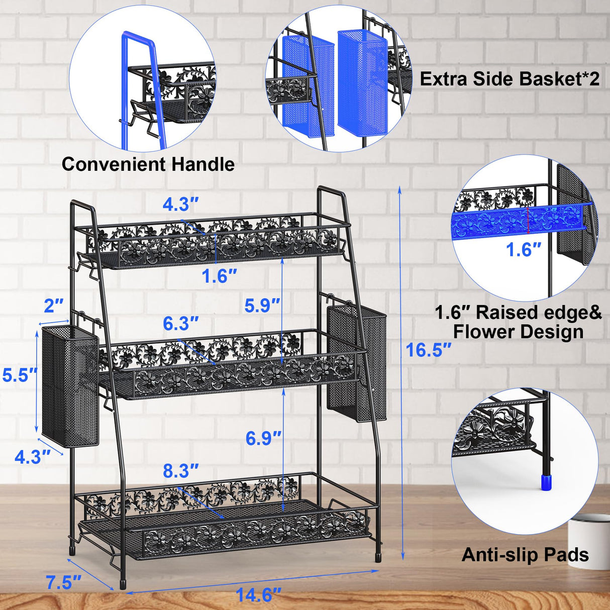 IBEDMAZIE 3-Tier Large Size Storage Rack,Counter Organiztion for Bathroom Countertop Organizer Shelf for Spice Racks for Kitchen/Sink/Bedroom/Living room/Office/Plant Rack with Two Metal Baskets IBEDMAZIE