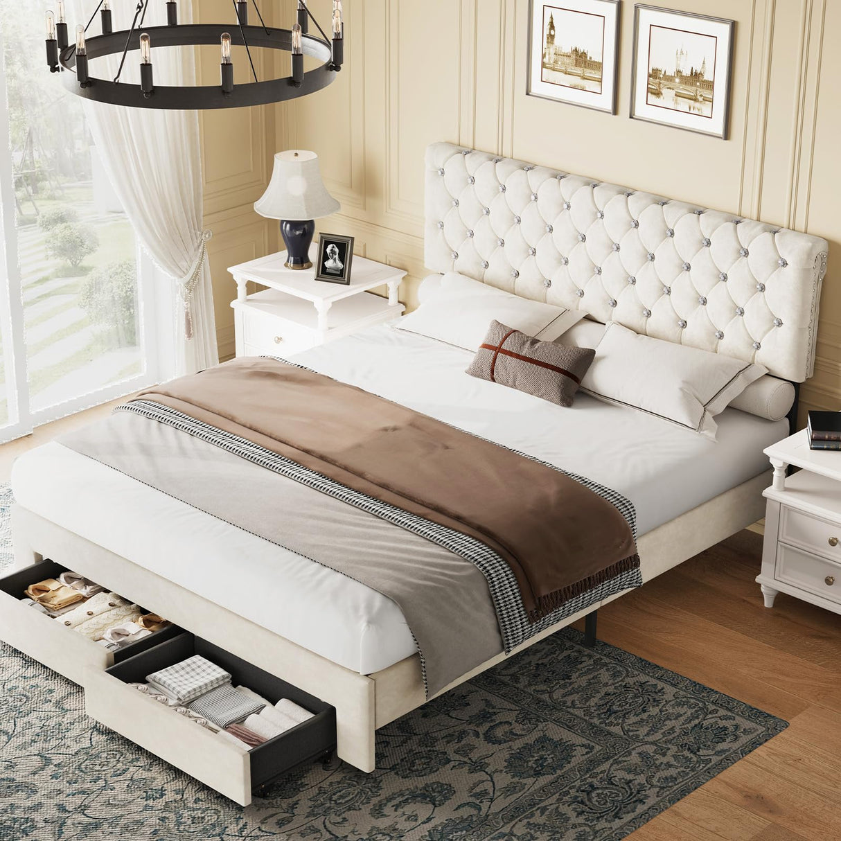 Belffin Queen Size Bed Frame with 2 Storage Drawers, Upholstered Bed Frame with Adjustable Diamond Headboard, Velvet Modern Platform Bed Frame, No Box Spring Needed, Easy to Assemble, Beige Belffin