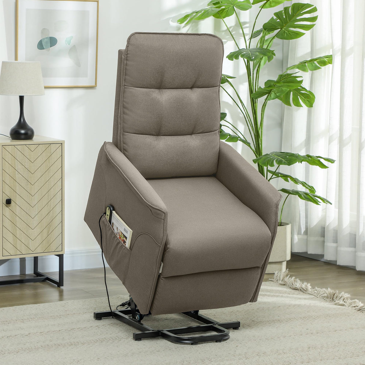 HOMCOM Power Lift Recliner Chair for Elderly, Fabric Lift Chair Sofa with Remote Control, Side Pockets, Pocket Spring, Tufted Back, Quick Assembly, Coffee HOMCOM
