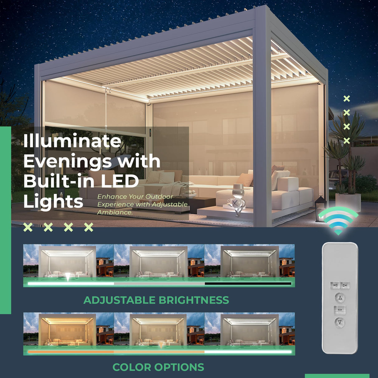 YOLENY Electric Louvered Pergola 10x13, Solar and Electric Powered, Integrated LED and 4 Side Screens, Full Aluminum Frame and Louvers, Adjustable Rainproof Roof for Outdoor Living, White YOLENY