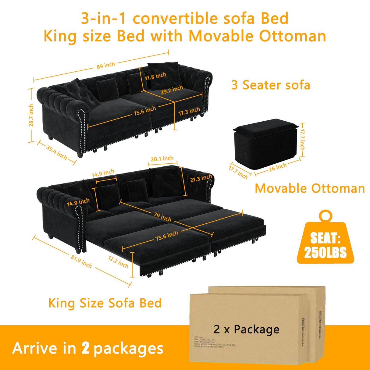 LuxyHoom 89" King Pull Out Sofa Bed, Velvet Chesterfield Sleeper Sofa Couch, 3 in 1 Convertible Tufted Futon Couches with Ottoman for Living Room, Small Space, Apartment, Office, Bedroom, Black LuxyHoom