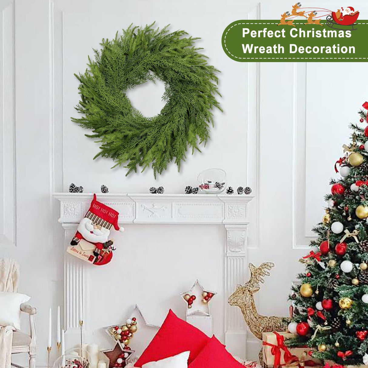 26 Inch Christmas Wreath, Christmas Wreaths for Front Door, Artificial Pine Wreath for Table Wall Window Indoor Outdoor Christmas Decoration OZFHUA