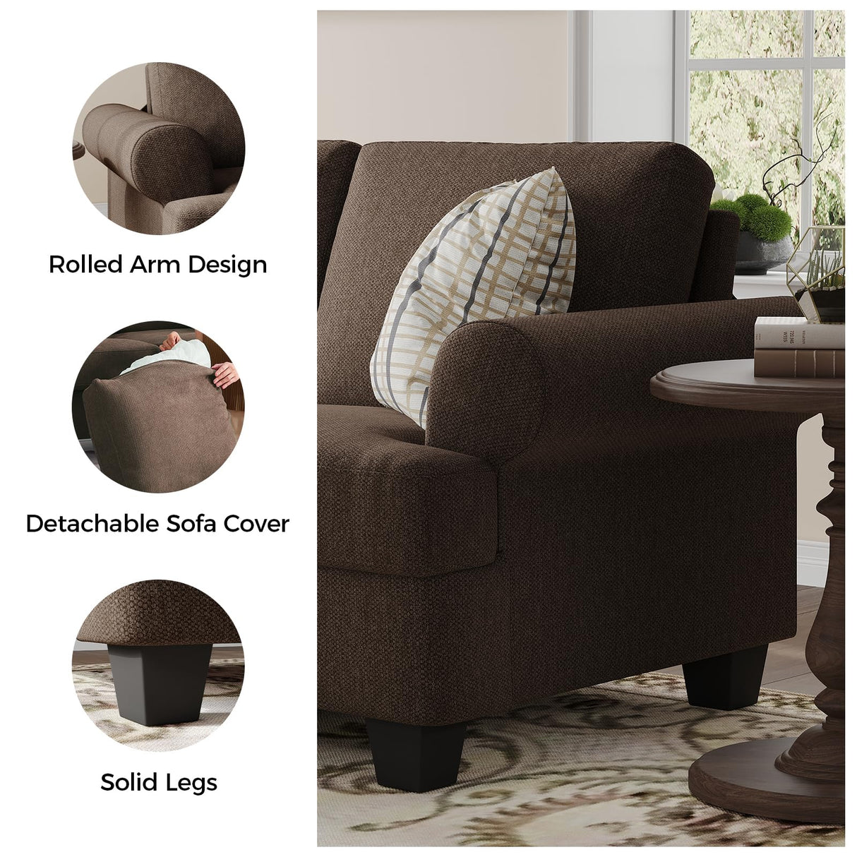 COPIAE 91 Inch Lawson Sofa with Extra Deep Seats Oversize, Mid-Century 3-Seat Sofa Couch, for Living Room, Apartment, Lounge, Brown COPIAE