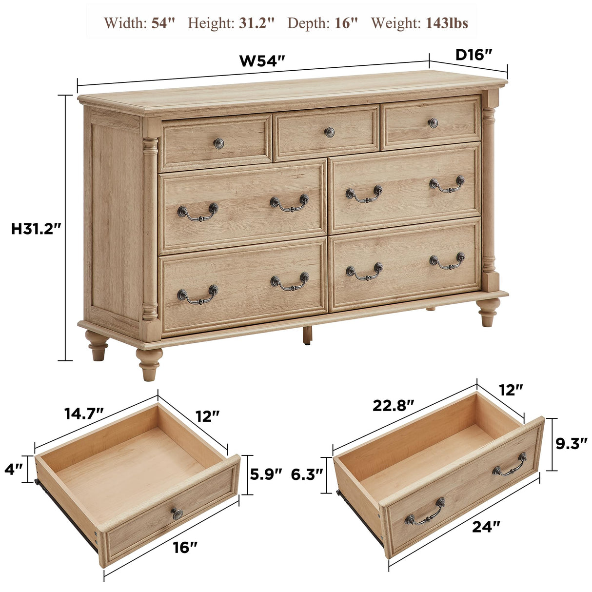 T4TREAM Farmhouse 7 Drawers Dresser Chests for Bedroom with 4 Solid Wood Feet, Tall Wide Wood Country Rustic Chest of Drawers, Storage Dressers for Bedroom, Living Room,Natural Oak T4TREAM