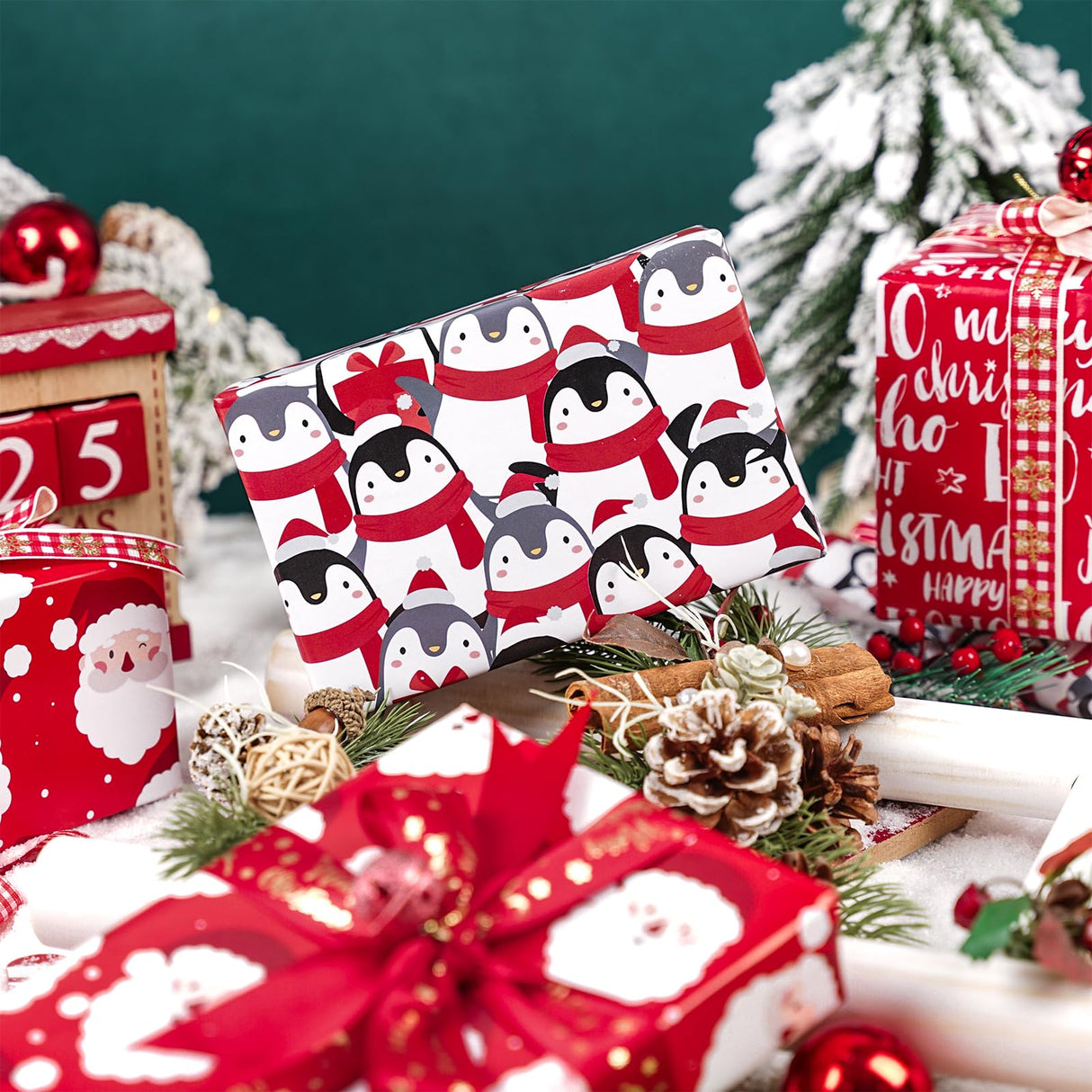 LeZakaa Christmas Wrapping Paper Roll - Mini Roll - 3 Rolls - 17 Inch X 120 Inch Per Roll - Red & White Penguins, Ho, Santa Claus, Christmas Elements Holiday Collection LeZakaa