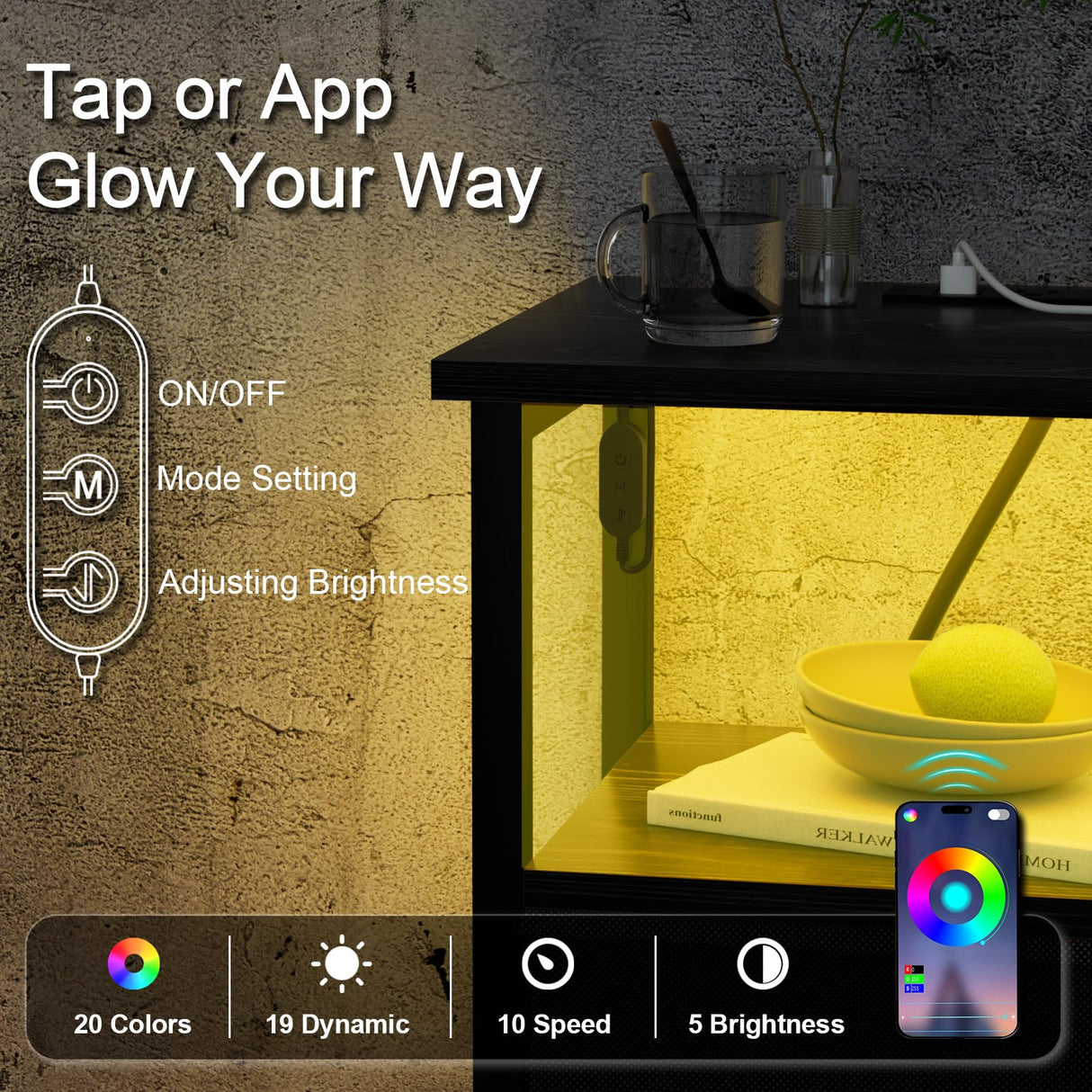 LOAKEKEL Nightstand with Charging Station, End Table with 2 Fabric Drawers, LED Night Stand for Bedroom, Small Bed Side Table with USB Ports and Outlets for Living Room, Black, HETS02BK-1 LOAKEKEL