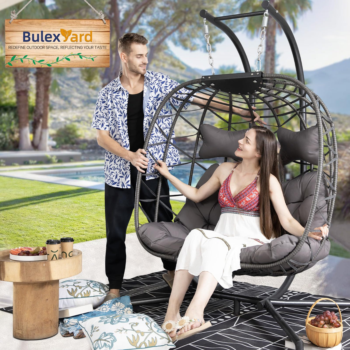 BLUEXYARD Extra Large Double Hanging Egg Chair with Stand, 2 Person Outdoor Indoor Swing Chair, 700 Lbs Heavy‑Duty Wicker Hammock Loveseat with Cushion for Patio Balcony Backyard, Dark Gray BULEXYARD