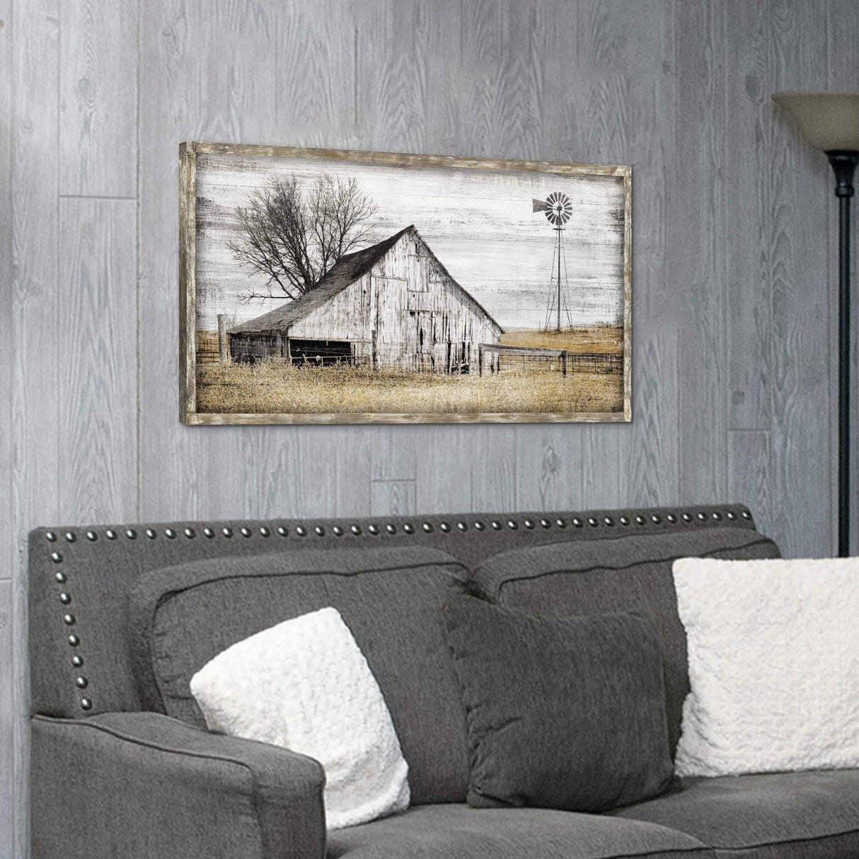 Barn Framed Wall Art Farmhouse: Rustic Farm Wood Picture Decor Large Windmill Country Scene Painting Horizontal Nature Landscape Artwork Panoramic Countryside View Print for Home Living Room Bedroom SD SOFT DANCE