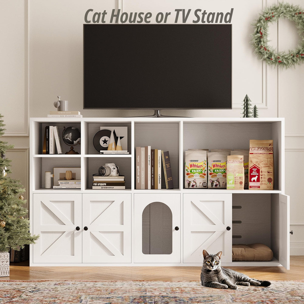 IRONCK Cat Litter Box Enclosure for 2 Cats, Litter Box Furniture Hidden with Double Room and Large Storage Space, Wooden Washroom Furniture, Cat House, White IRONCK