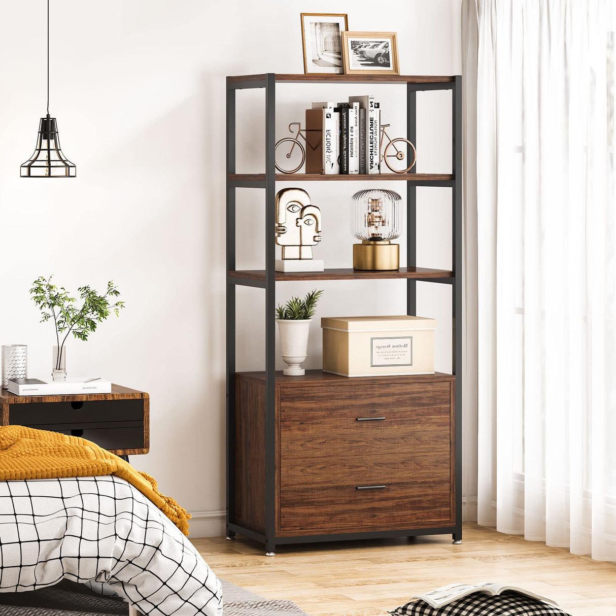 Tribesigns Rustic 4-Tier Bookcase with 2 Storage Drawers for Home Office Tribesigns